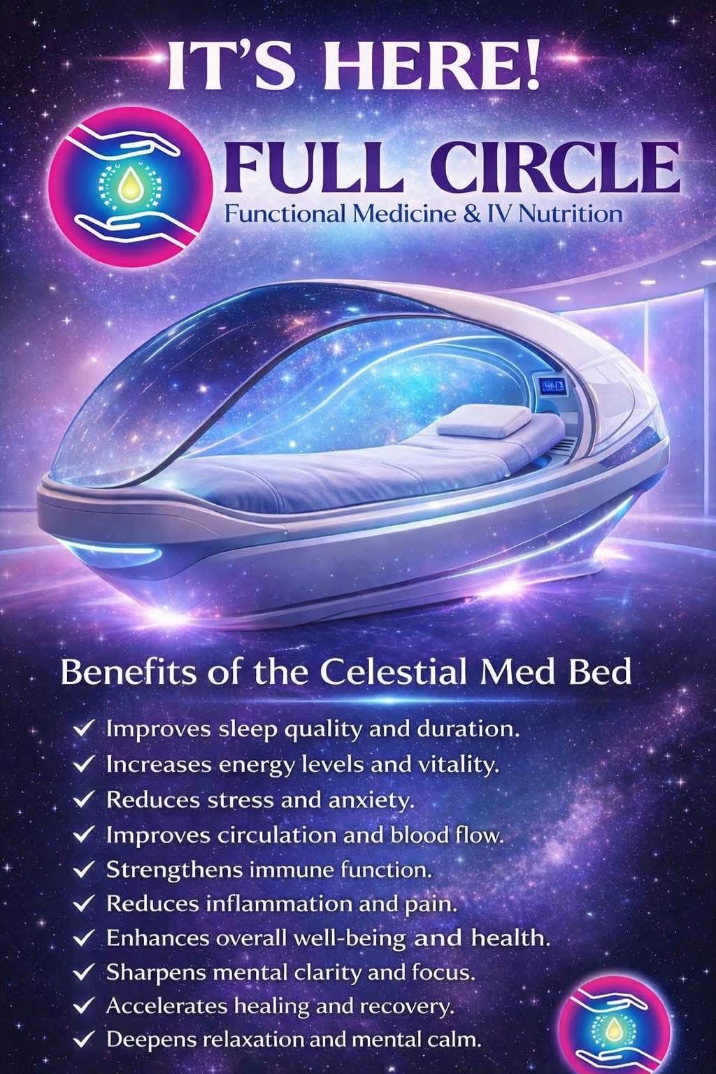 Celestial Med Bed — a futuristic healing pod with galaxy-inspired ambiance and bioluminescent lighting at Full Circle Function, Wood River IL